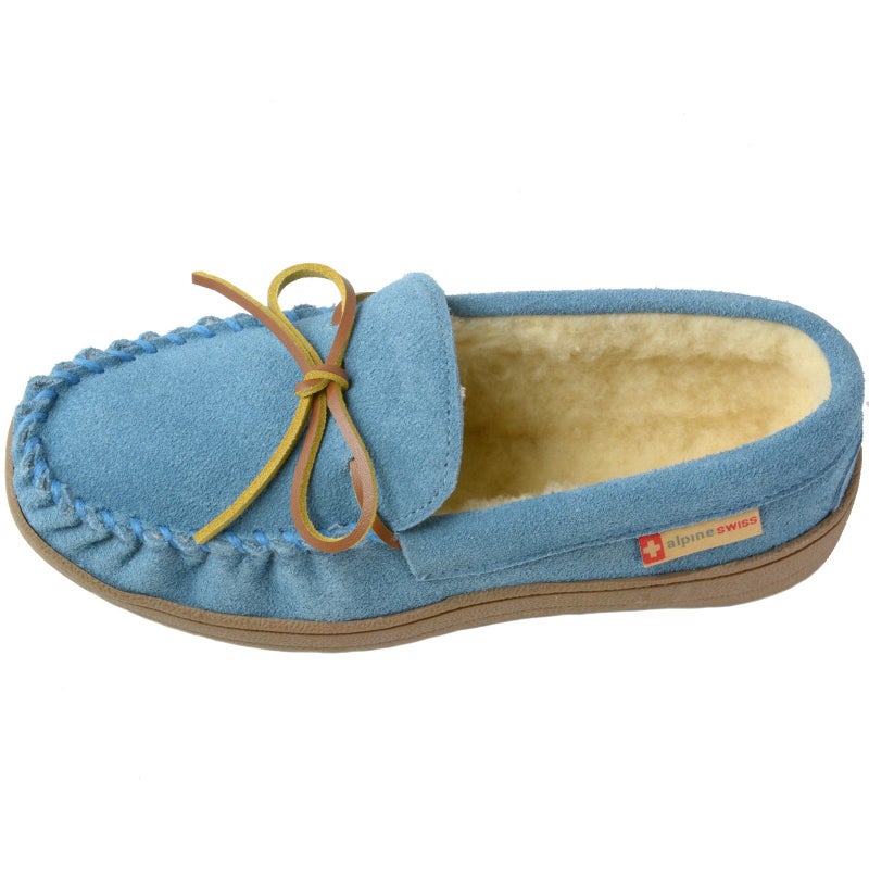 Alpine Swiss Sabine Womens Moccasin Slippers Genuine Suede House Shoe Memory Foam Insole Plush Faux Shearling Fur Indoor Outdoor Anti-Slip Rubber Sole BLU 8 - Image 5